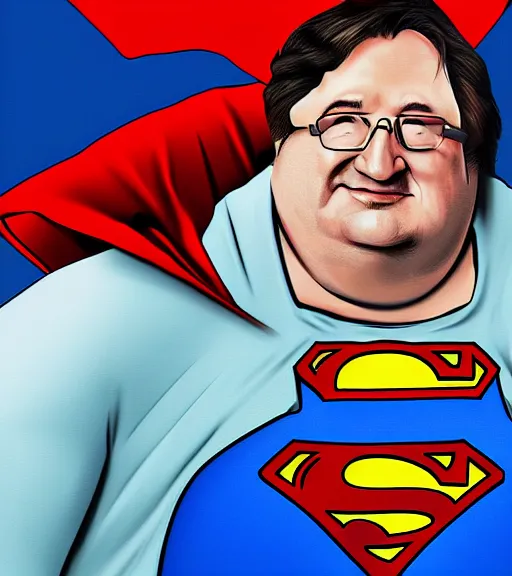 Image similar to gabe newell as a superman, digital paint