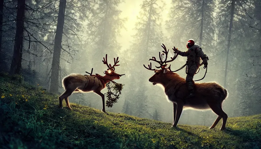 Image similar to american astronaut in the forest riding a reindeer, plants environment, wide angle, cinematic lighting, atmospheric, ultrarealistic, trending on artstation, octane render, highly detailed, color graded, in the style of craig mullins