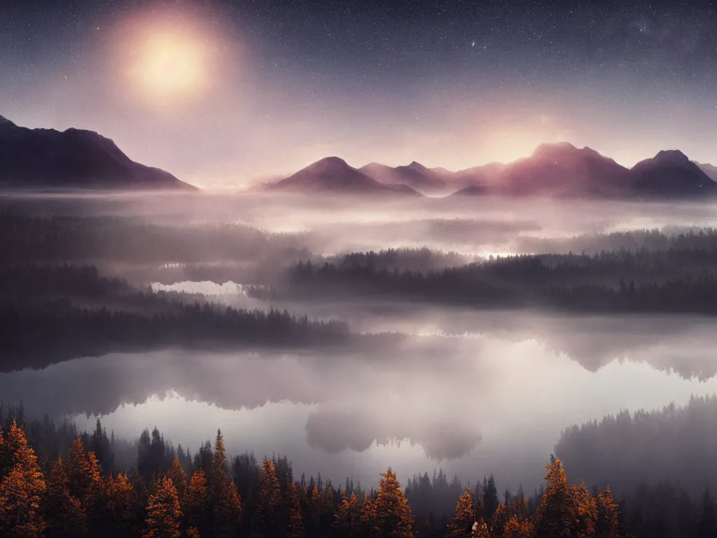 Image similar to epic crystalline taiga with a lake, golden hour, misty ground, rocky ground, distant mountains, atmospheric perspective, altostratus clouds, planets, cinematic, 3 5 mm lens, photographic, octane render, cinematography by roger deakins, in the style of ansel adams