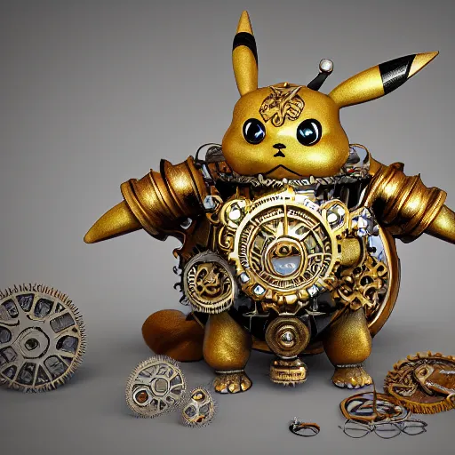 Image similar to A steampunk pikachu made from ornate engraved full plate armor and gears and several jewels, macro shot by Justin Gerard, unreal engine, physically based rendering