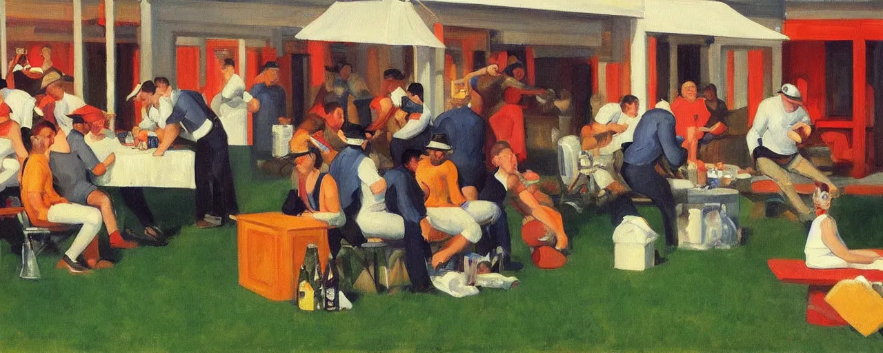 Prompt: an awesome painting of a group of football fans drinking beer and barbequing at a tailgate party, a picture in the style of Edward Hopper