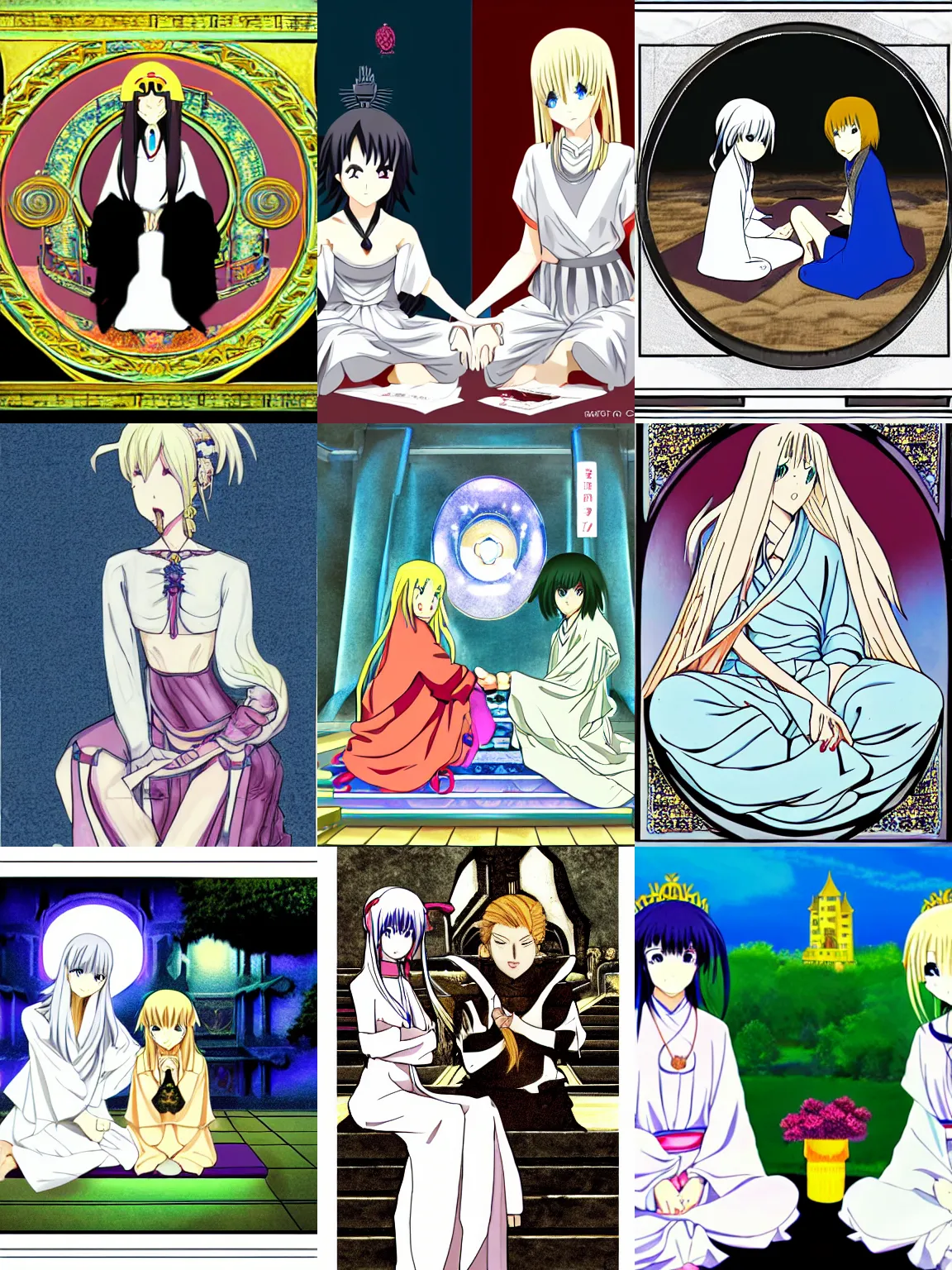 Prompt: anime high priestess sitting. yin and yang, inside an castle