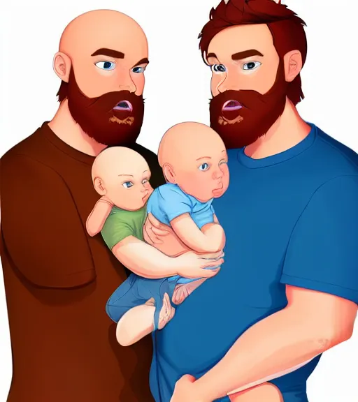 Image similar to a father with short red hair, a short red beard and blue eyes and a chubby face hold his infant baby boy with bald brown hair full color digital illustration in the style of don bluth, artgerm, artstation trending, 4 k