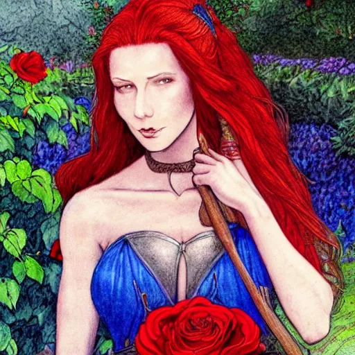 Prompt: a beautiful warrior woman, red hair, blue dress, detailed, rose garden, by john howe _ h 7 0 4