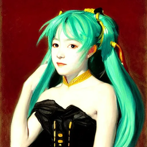 Image similar to painted portrait of miku hatsune, by john singer sargent