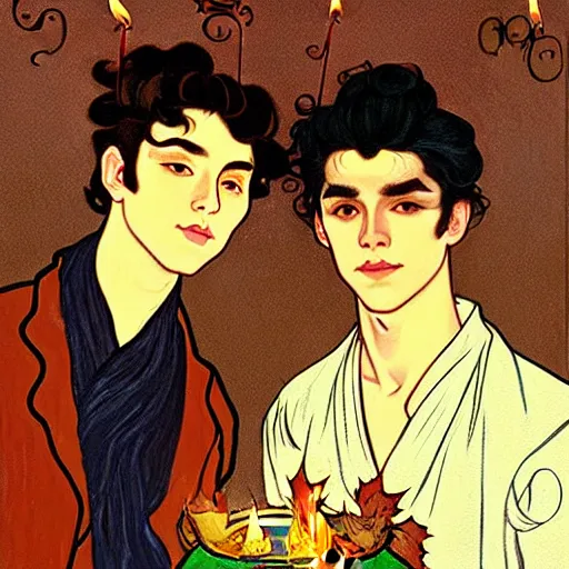 Image similar to painting of young cute handsome beautiful dark medium wavy hair man in his 2 0 s named shadow taehyung and cute handsome beautiful min - jun together at the halloween party, bubbling cauldron, candles, smoke, tarot, autumn colors, elegant, stylized, soft facial features, delicate facial features, art by alphonse mucha, vincent van gogh, egon schiele