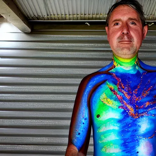 Prompt: a man painted with iridescent bodypaint standing in his garage, he is covered with barnacles