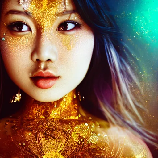 Image similar to asian girl, liquid golden and black fluid, magic hour, dramatic light, liquid painting, golden bodypaint, world best photography, indian patterns, bokeh, golden jewelry filigree, body detaily, ornaments, fresco by michealangelo, golden rays, god rays, epic cinematic wallpaper