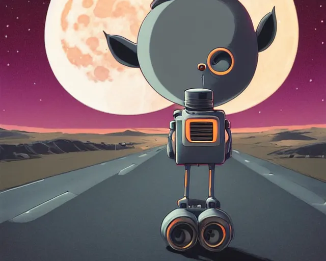 Prompt: a cell shaded cartoon grey santa + deer robot, with a big head, on a desert road, wide shot, in front of a big moon, muted colors, post grunge, josan gonzales, wlop, by james jean, victor ngai, hq, deviantart, art by artgem