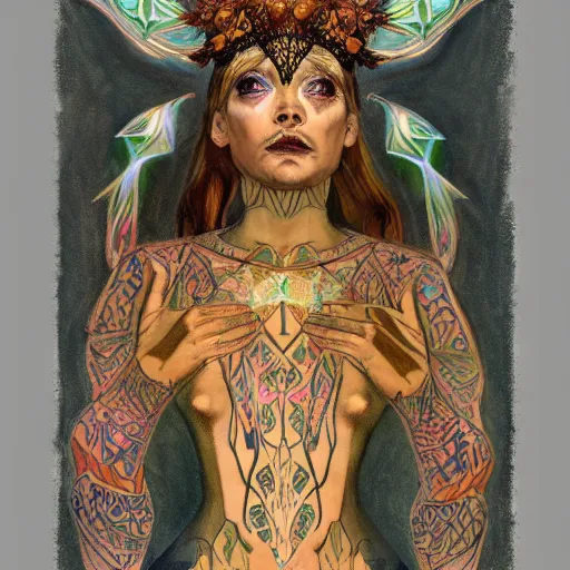 Prompt: the moth crown, by Annie Swynnerton and Nicholas Roerich, bioluminescent skin, tattoos, elaborate costume, geometric ornament, symbolist, smooth, sharp focus, extremely detailed, featured on artstation