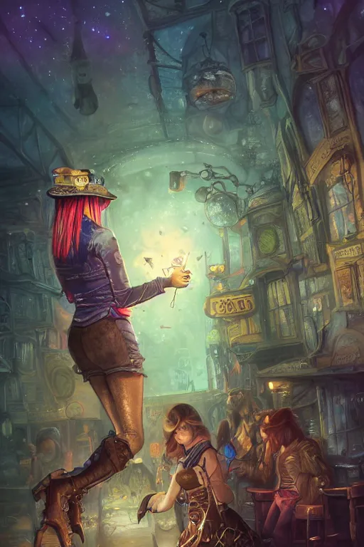 Prompt: night, stars, steampunk, tavern, crowd of drinking people, warm mood, sorceress, hat, wide leather boots, short shorts, striped socks, glass ball at the waist, bag over the waist, many colors, colorful, all colors, highly saturated colors, greg rutkowski, fantasy, detailed illustration, hd, 4k, digital art, overdetailed art, concept art, trending on artstation