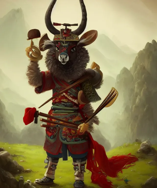 Image similar to anthropomorphic llama samurai eating sushi, samurai outfit, standing in a beautiful landscape, cute and adorable, dnd character art portrait, matte fantasy painting, deviantart artstation, by jason felix by steve argyle by tyler jacobson by peter mohrbacher, cinematic lighting