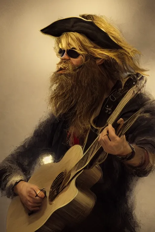 Image similar to blonde wild hair beard man, pirate eye - patch, playing guitare, close - up portrait, powerfull, intricate, elegant, volumetric lighting, scenery, digital painting, highly detailed, artstation, sharp focus, illustration, concept art, ruan jia, steve mccurry