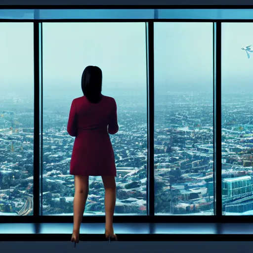 Image similar to a woman looking out her panoramic window at a futuristic cyberpunk los angeles. flying cars and vehicles