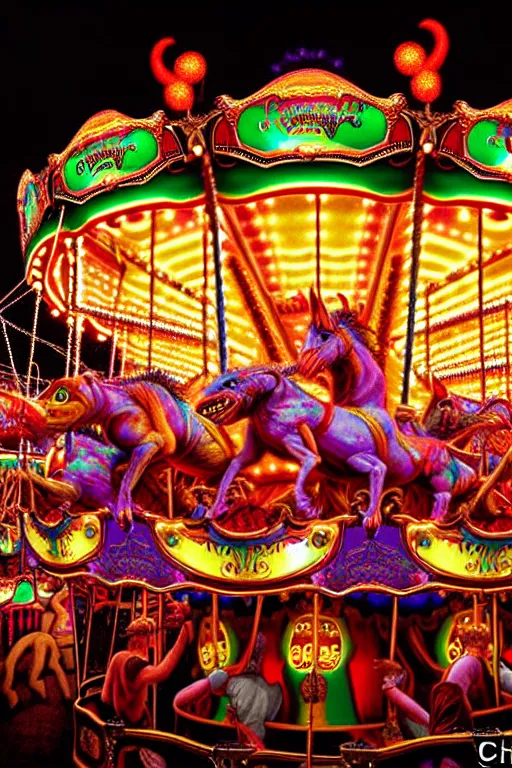 Image similar to a hyperrealistic detailed painting of an ornate carnival with glowing lights, colorful, chimeric nightmare horror creatures riding on carousel. cinematic lighting, depth perspective, depth of field, by chris cunningham and richard corben, highly detailed, vivid color,