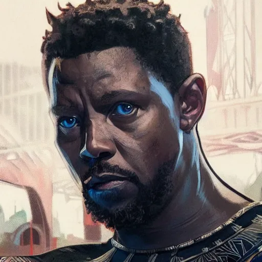 Image similar to Gavin McInnes in Black Panther, portrait art by alphonse mucha and greg rutkowski, highly detailed, digital painting, concept art, illustration, dim lighting with twilight rays of sunlight, trending on artstation, very detailed, smooth, sharp focus, octane render