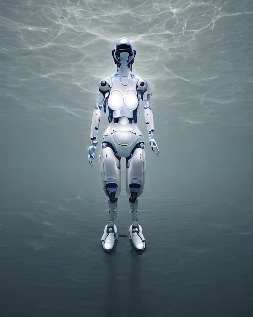 Prompt: beautiful centered fine art photo portrait of hoyeon jung as a solarpunk robotic humanoid, white mechanical parts with bright halogen lights, walking in shallow water, ultra - realistic and detailed, white background, natural lighting, soft focus, slow exposure hdr 8 k