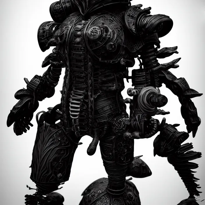 Image similar to a character in a planet by nihei tsutomu, dramatic black and white, steampunk obsidian dark black armor, highly detailed, 3 d render, vray, octane, realistic lighting