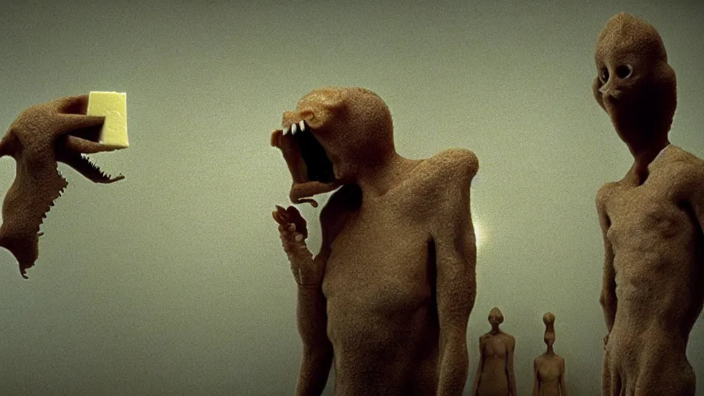 Image similar to the strange creature, made of milk and cheese, they look at me, film still from the movie directed by denis villeneuve and david cronenberg with art direction by salvador dali and zdzisław beksinski