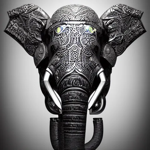 Prompt: futuristic elephant head, symmetrical, futuristic ganesha, intricate black shaman ornaments, black oak patterns, iridescent reflection, robotic ganesha head, mecha - elephant, white backround, graphic design, black white greys and red color, subsurface scattering, cyberpunk, unreal engine, octane render, cgsociety, artstation