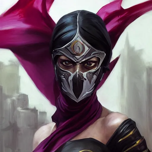 Image similar to greg manchess portrait painting of mileena from mortal kombat wearing a halfmask covering her mouth as overwatch character, medium shot, asymmetrical, profile picture, organic painting, sunny day, matte painting, bold shapes, hard edges, street art, trending on artstation, by huang guangjian and gil elvgren and sachin teng