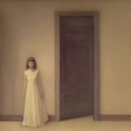 Image similar to close up of a girl in a haunted liminal abandoned room, watercolor by victo ngai, by hammershøi, art noveau, highly detailed, lights by edward hopper, liminal, eerie, bright pastel colors