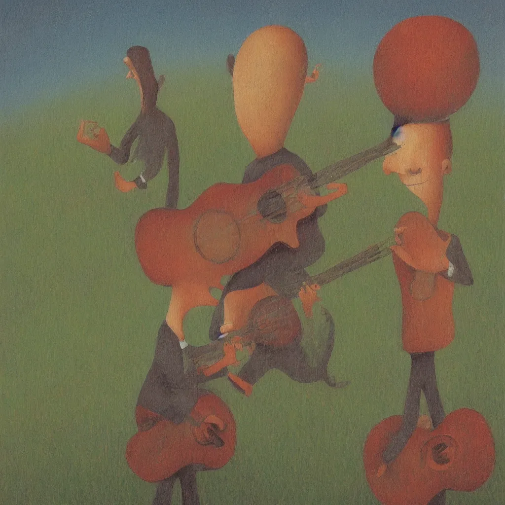 Prompt: whimsical painting of a man with a guitar for a head standing in a green field, painted by shaun tan, award winning painting