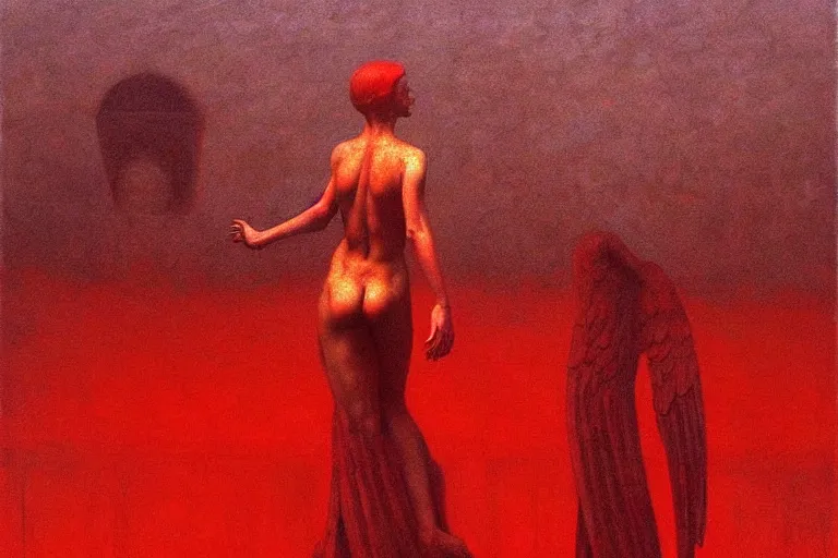 Image similar to only with red, a red angel announce the win, at the gates of a rich renaissance city. inthe background, pathos, in the style of beksinski, part by hopper, part by rodcenko, part by hofbauer, intricate composition, red by caravaggio, insanely quality, highly detailed, masterpiece, red light, artstation