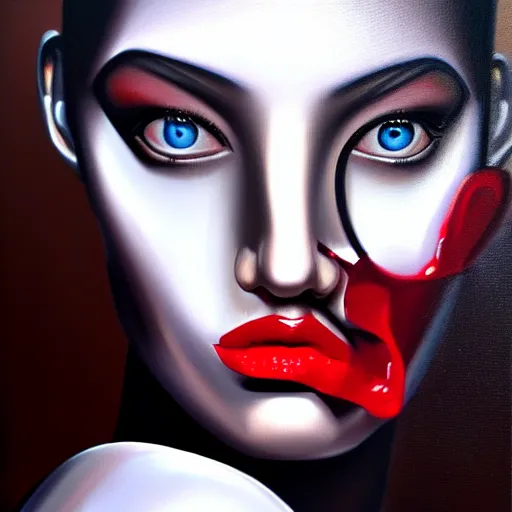 Image similar to fashion model with half robot face, hyperrealism oil painting