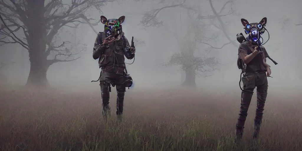 Image similar to a beautifully strange image of a gamekeeper wearing a dieselpunk mechanical fluorescent mystical animal mask. walking in the misty, dangerous river. in style of fornite game. award winning. dramatic. trending on artstation. high quality. rendered by beeple, by makoto shinkai, syd meade, digital art, unreal engine 5, fornite game. octane render