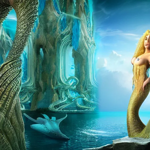 Image similar to unreal engine, octane render, intricate detail, gilbert williams portrait of tan sumerian mermaid goddess atargatis, with aqua neon rapunzel dreadlocks adorned in seashells, near crystal temple in atlantis, iridescent dolphins swimming in the sea, unicorn flying in the sky, paleozoic atlantis