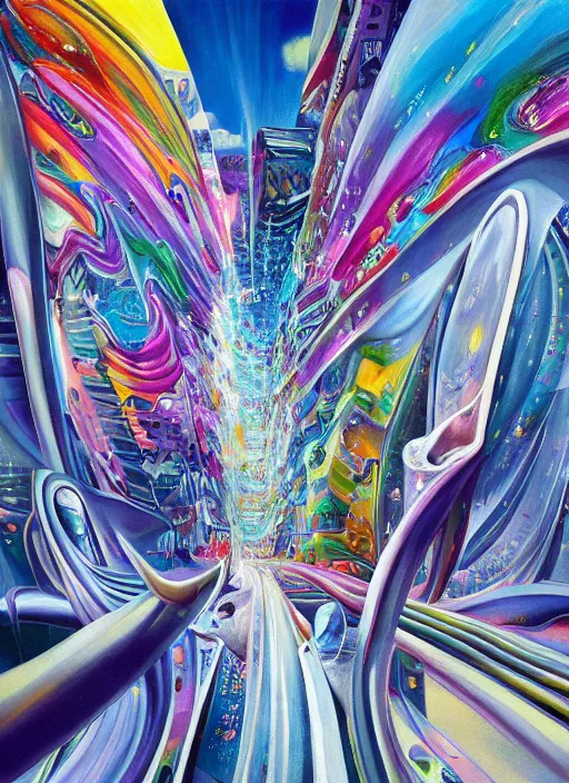 Image similar to an extremely high quality hd surrealism painting of a 3d galactic neon complimentary-colored cartoony surrealism melting optically illusiony high-contrast zaha hadid city street by kandsky and salvia dali the second, salvador dali's much much much much more talented painter cousin, clear shapes, 8k, ultra realistic, super realistic