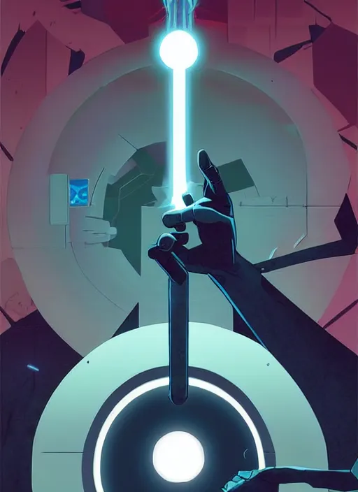 Image similar to poster artwork by Michael Whelan and Tomer Hanuka, of the game Portal, from Valve, Aperture Science, clean