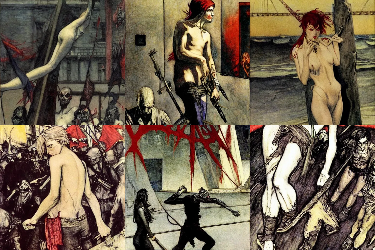 Prompt: anarchy rises from the blood tide. painting by edward hopper, arthur rackham and milo manara