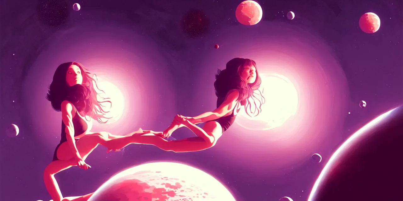 Prompt: girl in space, floating beside planets, symmetrical face and body, dynamic body pose, dynamic composition, detailed designs, digital painting, 4 k, by ilya kuvshinov, by greg rutkowski, atmospheric lighting