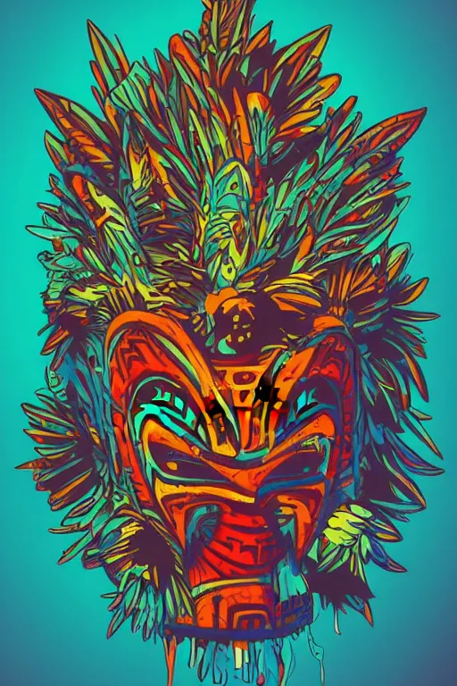 Image similar to totem animal mask tribal feather gemstone plant wood rock shaman vodoo video game vector illustration vivid color borderlands by josan gonzales and dan mumford radiating a glowing aura