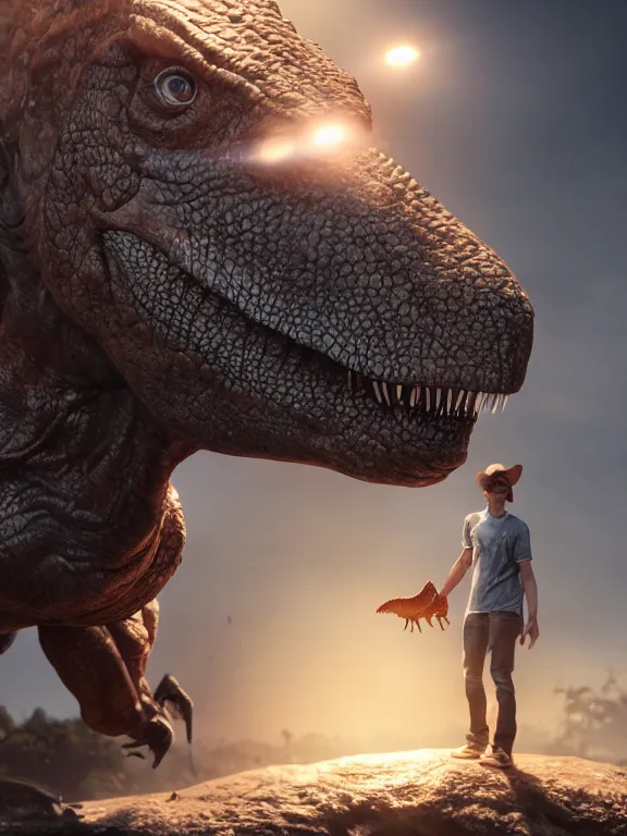 Prompt: young man with long brown wearing a dinosaur, ultra realistic, lens flare, atmosphere, glow, detailed, intricate, full of colour, cinematic lighting, trending on artstation, 4 k, hyperrealistic, focused, extreme details, unreal engine 5, cinematic, masterpiece
