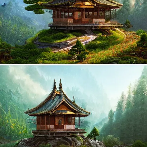 Image similar to A beautiful hyper realistic detailed matte painting of a bonsai tree shaped temple nestled in forest mountains by John Howe and Albert Bierstadt and Alena Aenami and dan mumford and dave noton, unreal engine, trending on behance