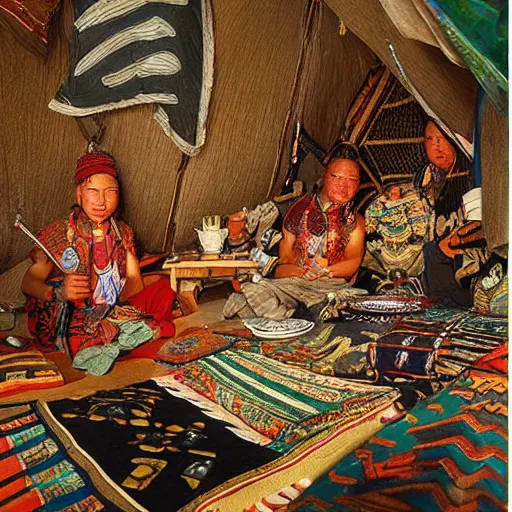 Prompt: tai warlords sit in tai ethnic group traditional tent, tai interior decoration, oil painting, fantasy, detailed and intricate environment