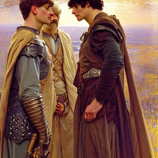 Image similar to arthur pendragon and merlin. focus on their faces. highly detailed painting by gaston bussiere, j. c. leyendecker, alphonse mucha, greg rutkowski, 8 k