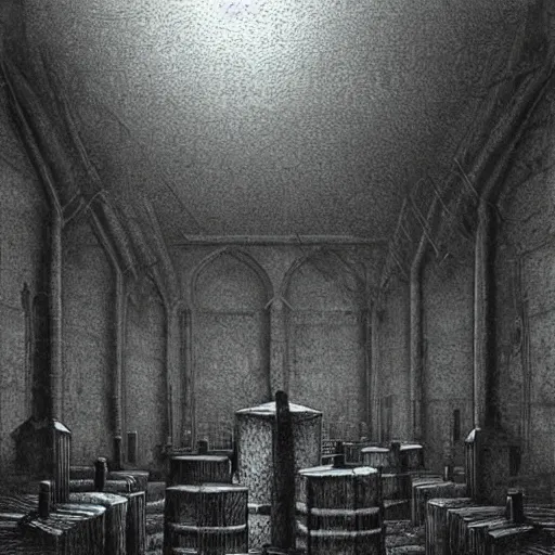 Image similar to nine steel barrels in a cemetery, creepy atmosphere, dark, realistic, illustration by gustave dore