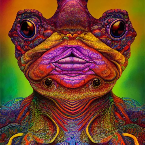 Prompt: An extremely psychedelic portrait of a toad, surreal, LSD, face, detailed, intricate, elegant, lithe, highly detailed, digital painting, artstation, concept art, smooth, sharp focus, illustration