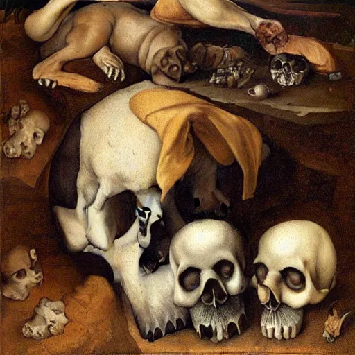 Image similar to obese dog in hell, sitting next to a human skull, renaissance painting