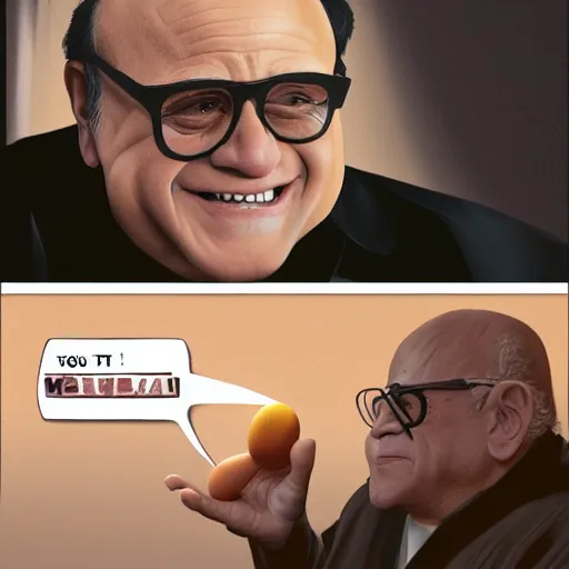 Prompt: danny devito offering me an egg, trending on artstation