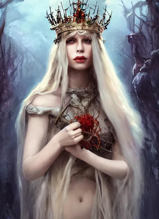 Prompt: pale, beautiful witch with long hair and a crown, fantasy, medieval, vivid colors, fantasy, elegant, concept art, sharp focus, beautiful face!!, digital art, Hyper-realistic, 4K, Unreal Engine, Highly Detailed, HD, Dramatic Lighting by Brom, trending on Artstation