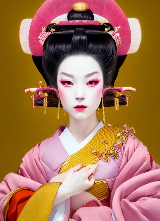 Image similar to dreamlike luxury stunning oiran portrait, pale pink and gold kimono, art by artgerm, wlop, loish, ilya kuvshinov, 8 k realistic, hyperdetailed, beautiful lighting, detailed background, depth of field, symmetrical face, frostbite 3 engine, cryengine,