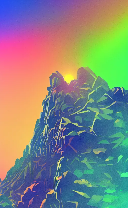 Prompt: looking up to a large rock mountain with a water fall flowing down from the top, the sun is behind it, neon colors, blue, pink, 8 k, concept art, ultra detailed, photo, award winning