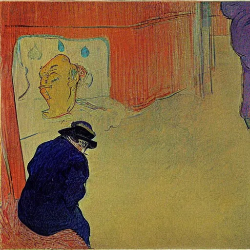 Image similar to when did you last see your father, by toulouse lautrec, painting