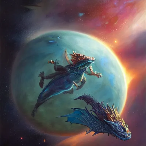 Prompt: Blue scaled dragon devouring an earth like planet while flying in space, European four-legged dragon, sun system, nebula, oil painting, by Fernanda Suarez and Edgar Maxence and Greg Rutkowski