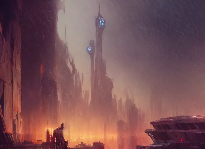 Image similar to giant spaceship, city is pure wasteland, rain, dusk, low saturation, glowing lights, alphonse mucha, greg rutkowski, trending on artstation, artgerm, breathtaking, sharp focus, smooth, mark arian, award winning, highly detailed 4 k art